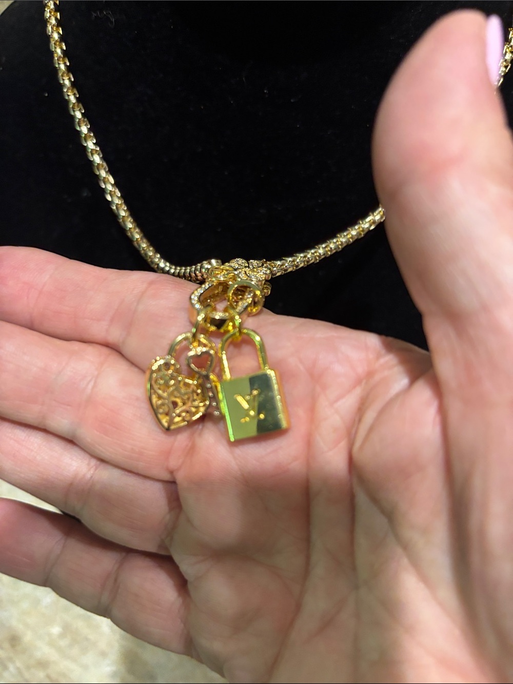 Stunning Gold Tone LV Padlock & Heart Charm Necklace with Crystal Accents - Picture 3 of 6